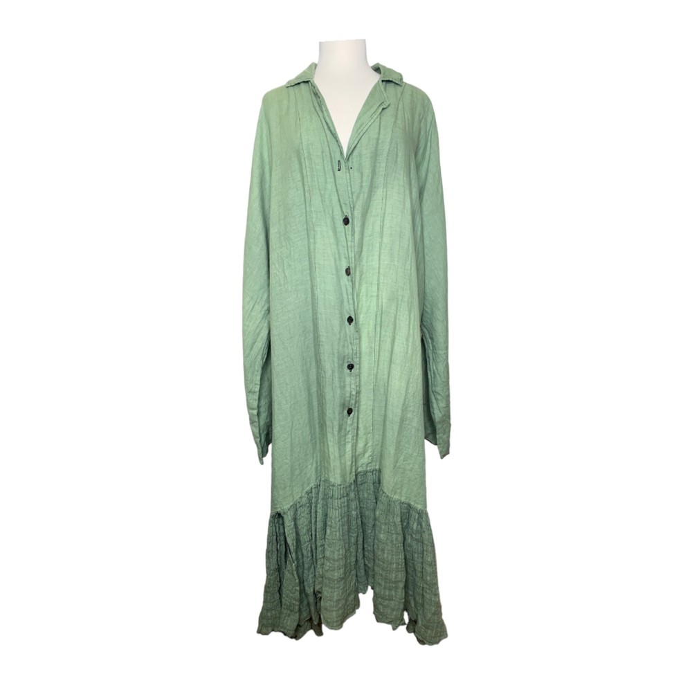 Cynthia Ashby Boho Oversized Long Lagenlook Coat Linen Green M Ruffle Hem